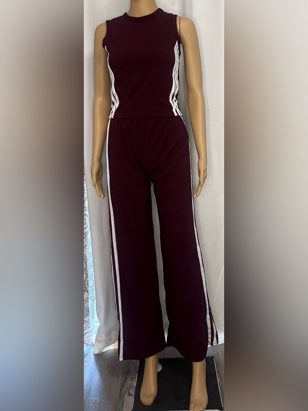 Sleeveless Wide-Leg Jumpsuit in Burgundy with White Side Stripes